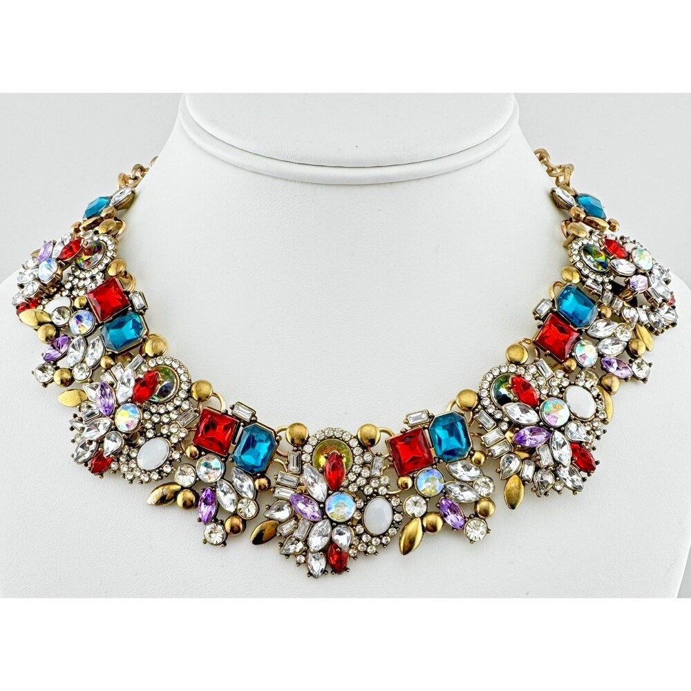 SOHI Mutilcolor Rhinestone Bib Statement Necklace Gold Tone Blue Purple AB India